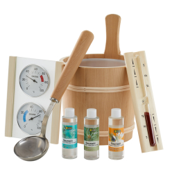 Sauna Zubehör-Set "Unico" Kübel aus Thermoespe, Kelle, Sanduhr, Klimamesser, Saunaöle 