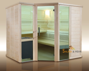 wood.LINE Premio 6-Eck Massivholz-Sauna - 232x204 cm - Links 