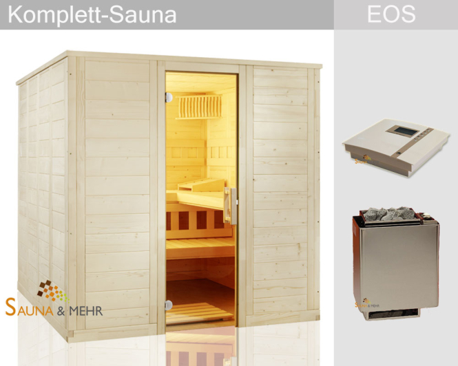 KOMPLETT Sauna WELL.FUN Gerade 204 x 204 - EOS Technik-Set "Dampf" 